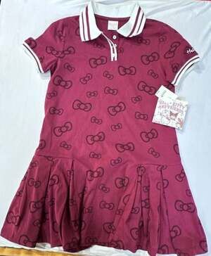 L376 Hello Kitty and Friends Polo Dress Maroon Bow Print Size XL (14)